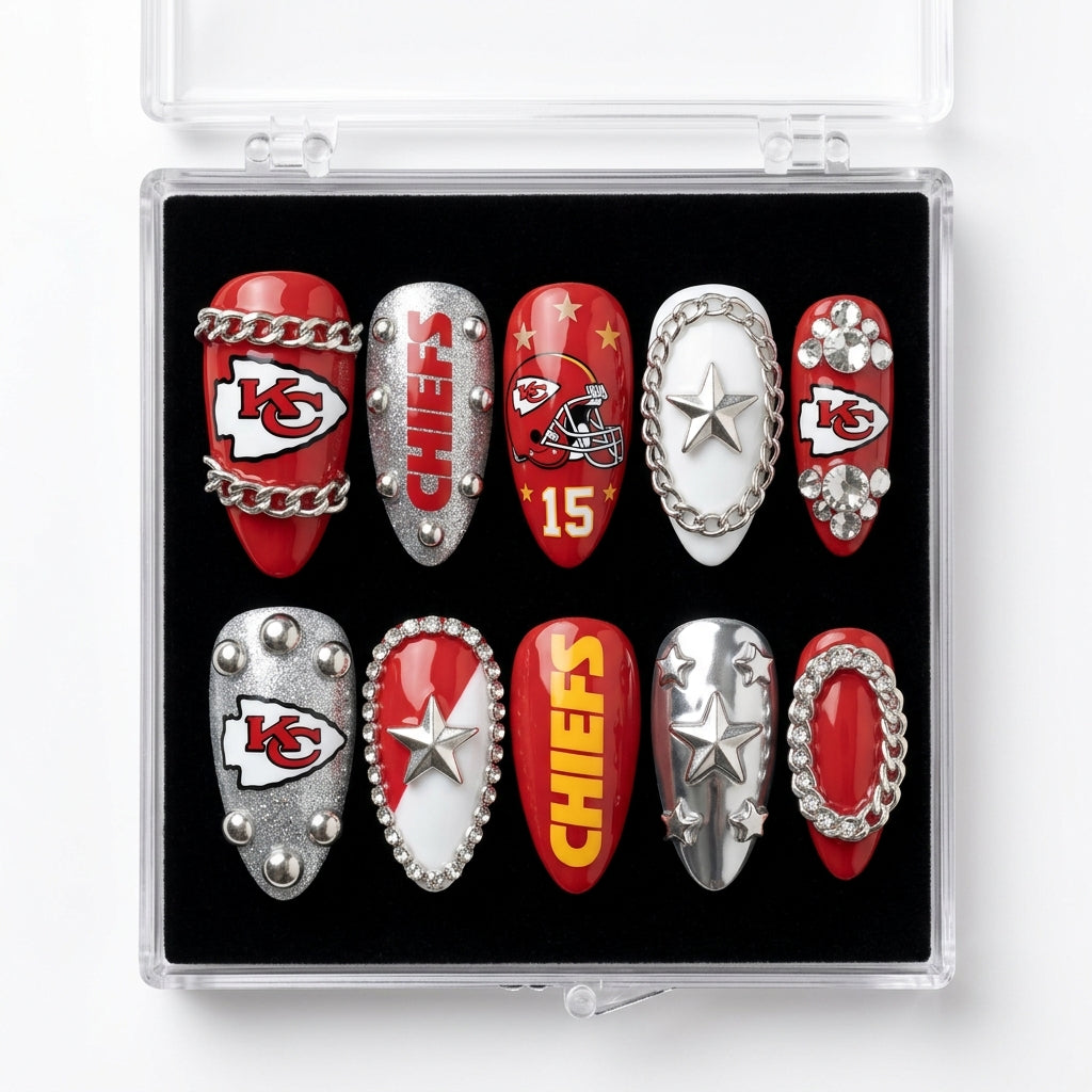 Kansas City Chiefs Handmade Press On Nails | Reusable 3D Nail Set