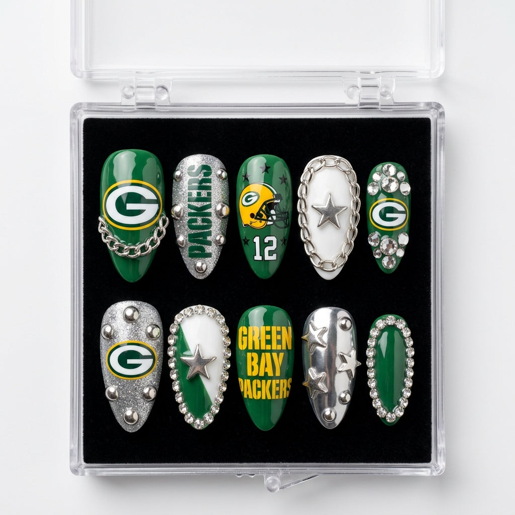 Green Bay Packers Handmade Press On Nails | Reusable 3D Nail Set