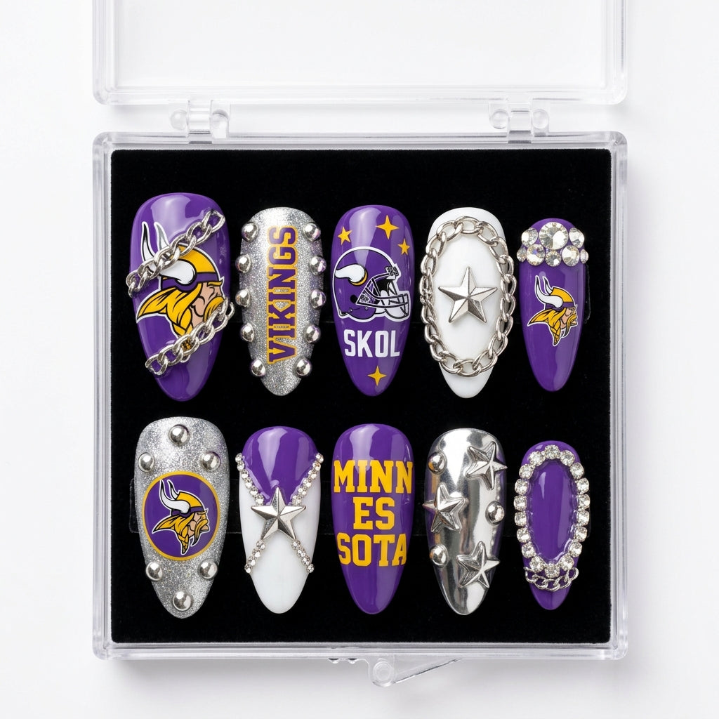 Minnesota Vikings Handmade Press On Nails | Reusable 3D Nail Set